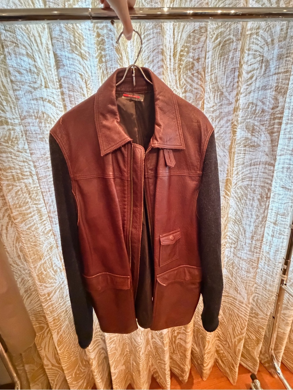Prada Brown Leather Bomber with Black Knit Sleeves